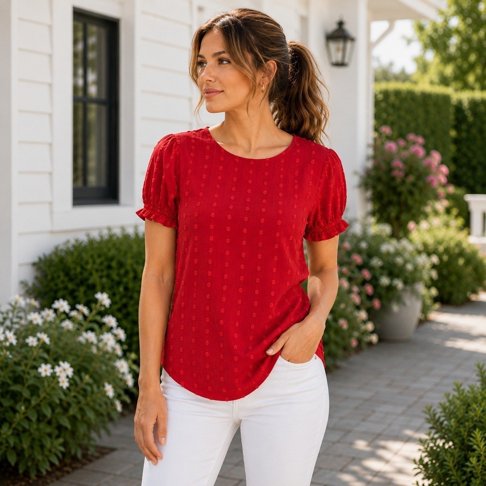 JODIFL Red Puff Sleeve Ruffled Blouse Size Large